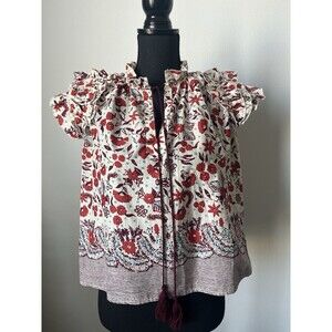 Kourt Women's Tassel Tie Neck Flutter Sleeve Cotton Top Boho Floral  XS